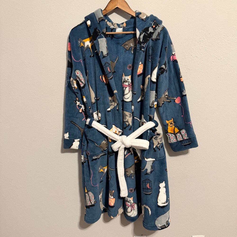 Vera Bradley Cat Print Plush Fleece Hooded Robe S/M Pockets Belted Cozy - Picture 3 of 5
